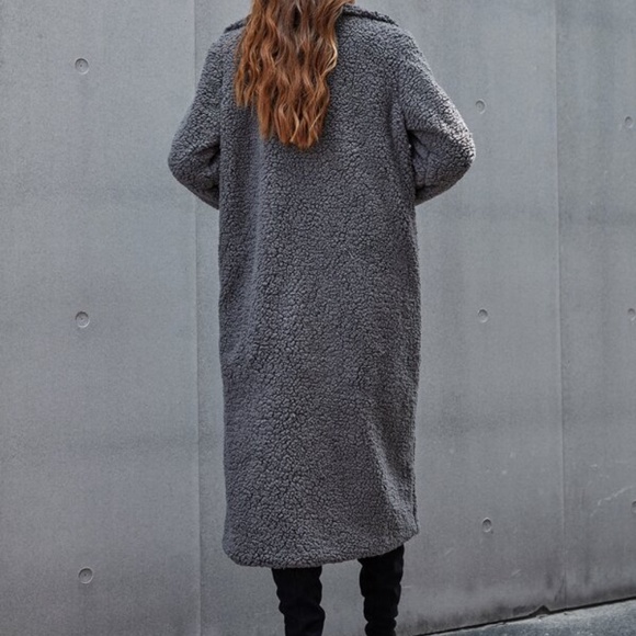 Cozy Charcoal Grey Teddy Button up Long Jacket Coat - Picture 5 of 6